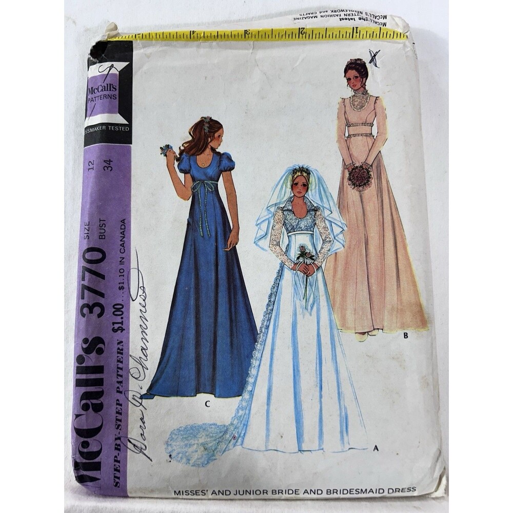 1970's VTG McCall's Junior Bride and Bridesmaid Dress Pattern 3770 Size 12 UNCUT
